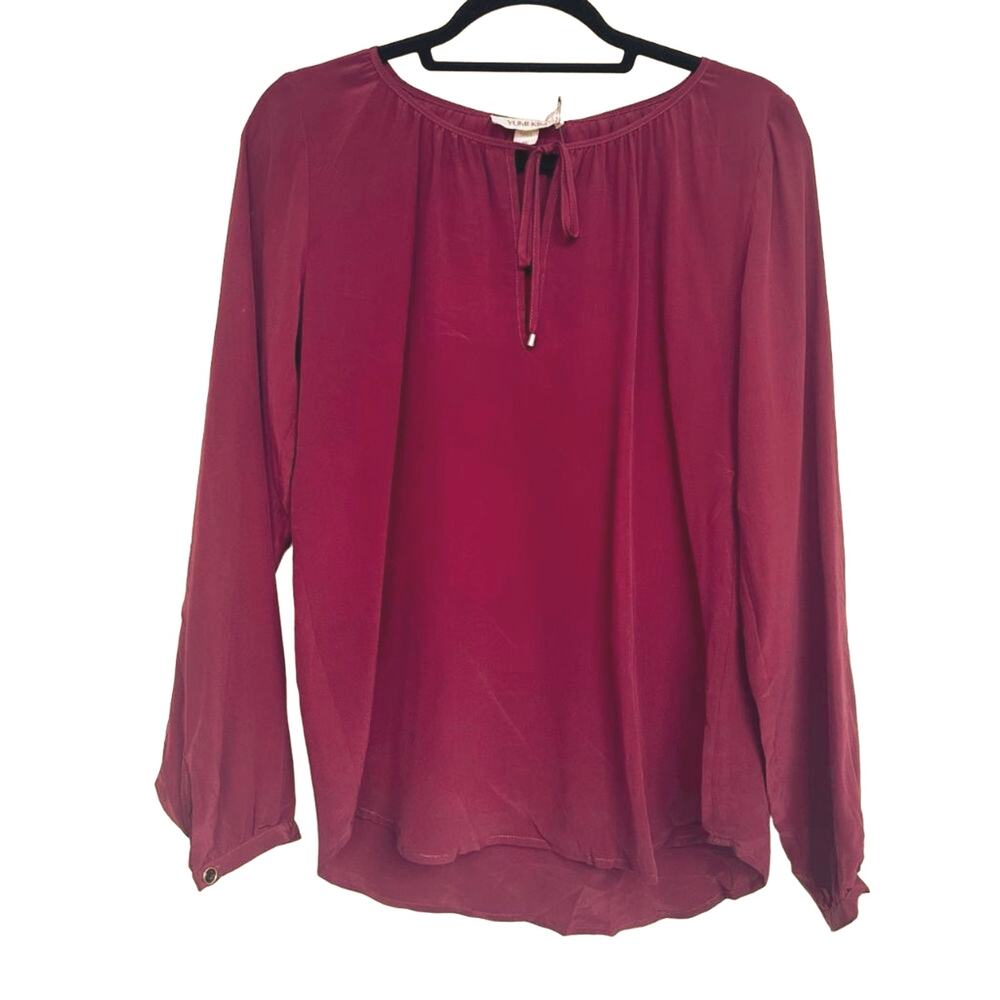 Yumi Kim Silk Tie Neck Blouse Size L Burgundy Long Sleeve NWOT